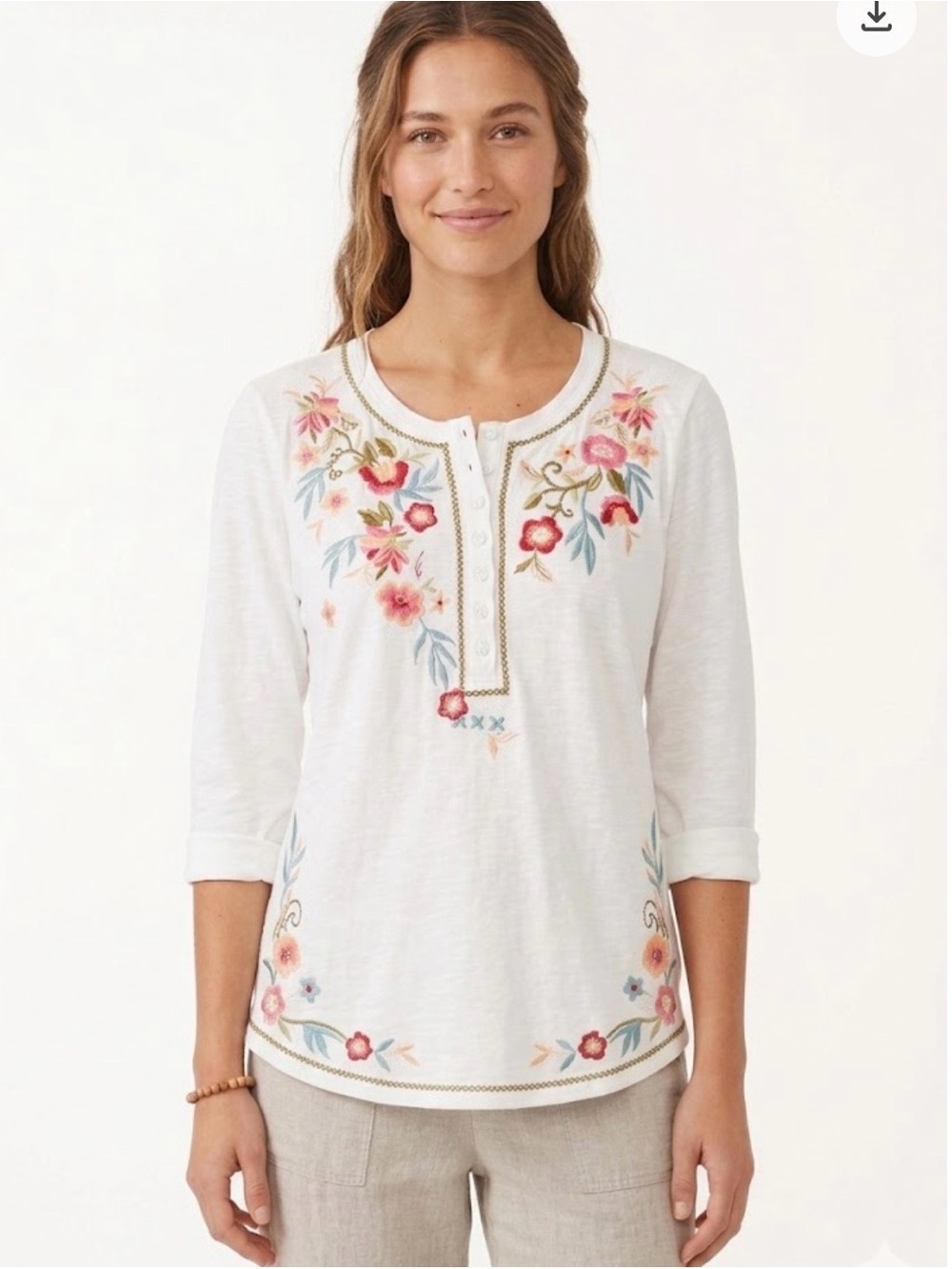 Sundance Floral Embroidered Boho 3/4 Sleeve Peasant Top. Large. Ivory Festival